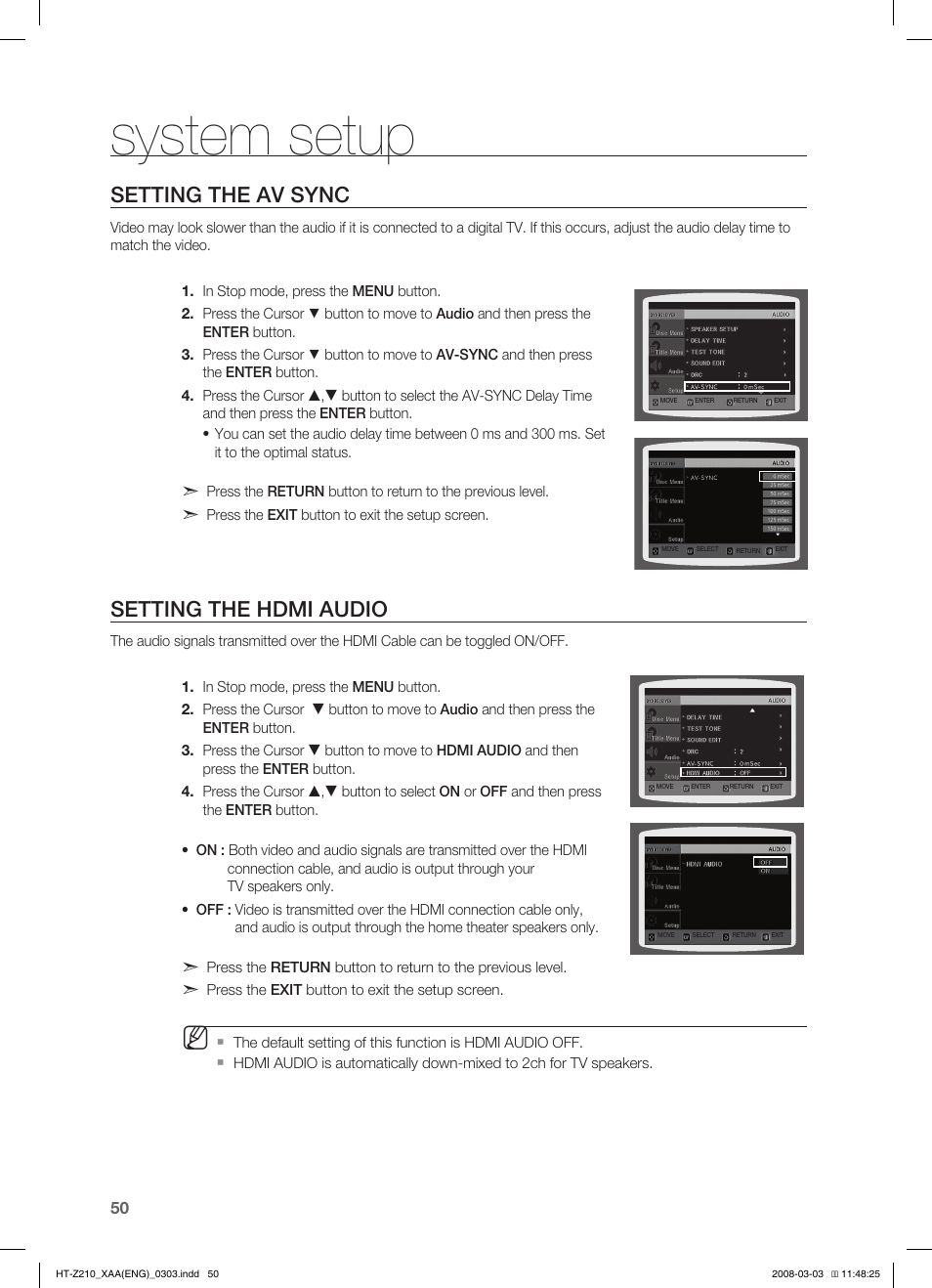 System setup, Setting the av sync, Setting the hdmi audio | Samsung HT-Z210T-XAA User Manual | Page 51 / 63