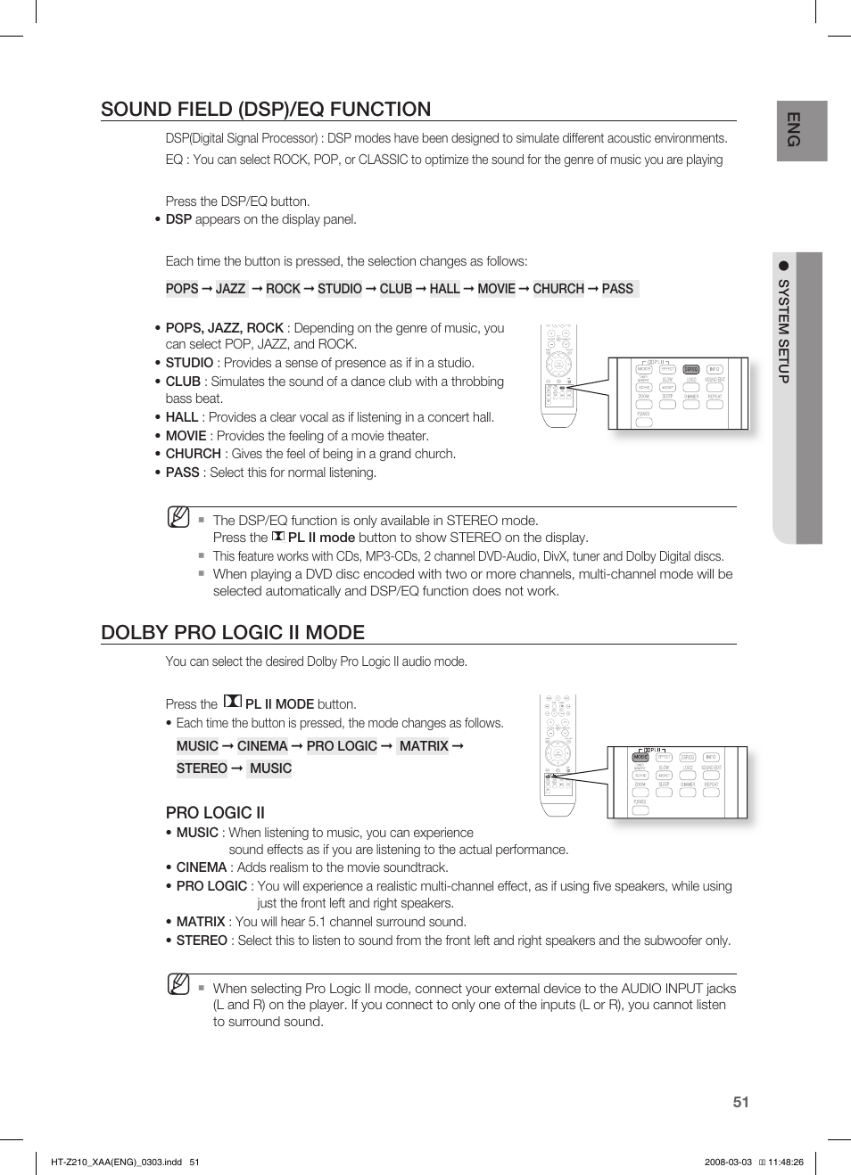 Sound field (dsp)/eq function, Dolby pro logic ii mode | Samsung HT-Z210T-XAA User Manual | Page 52 / 63