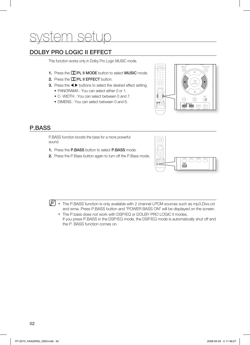 System setup, Dolby pro logic ii effect, P.bass | Samsung HT-Z210T-XAA User Manual | Page 53 / 63