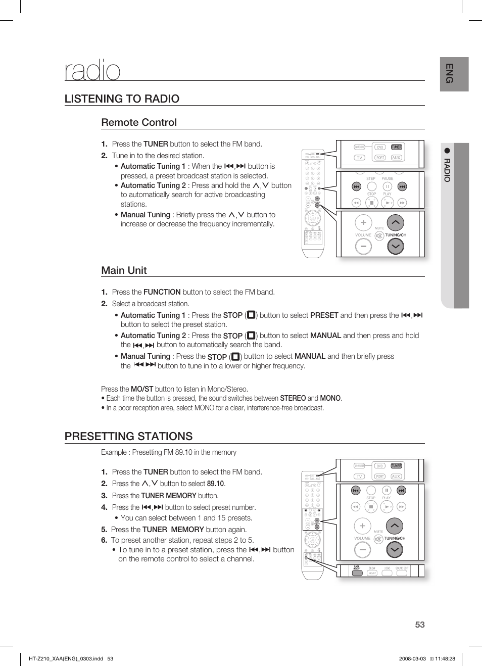 Radio, Convenient function, Listening to radio | Presetting stations, Remote control, Main unit | Samsung HT-Z210T-XAA User Manual | Page 54 / 63