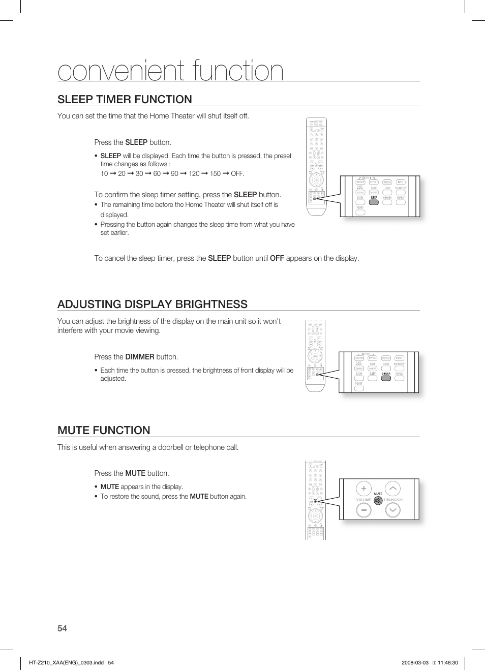 Convenient function, Sleep timer function, Adjusting display brightness | Mute function | Samsung HT-Z210T-XAA User Manual | Page 55 / 63