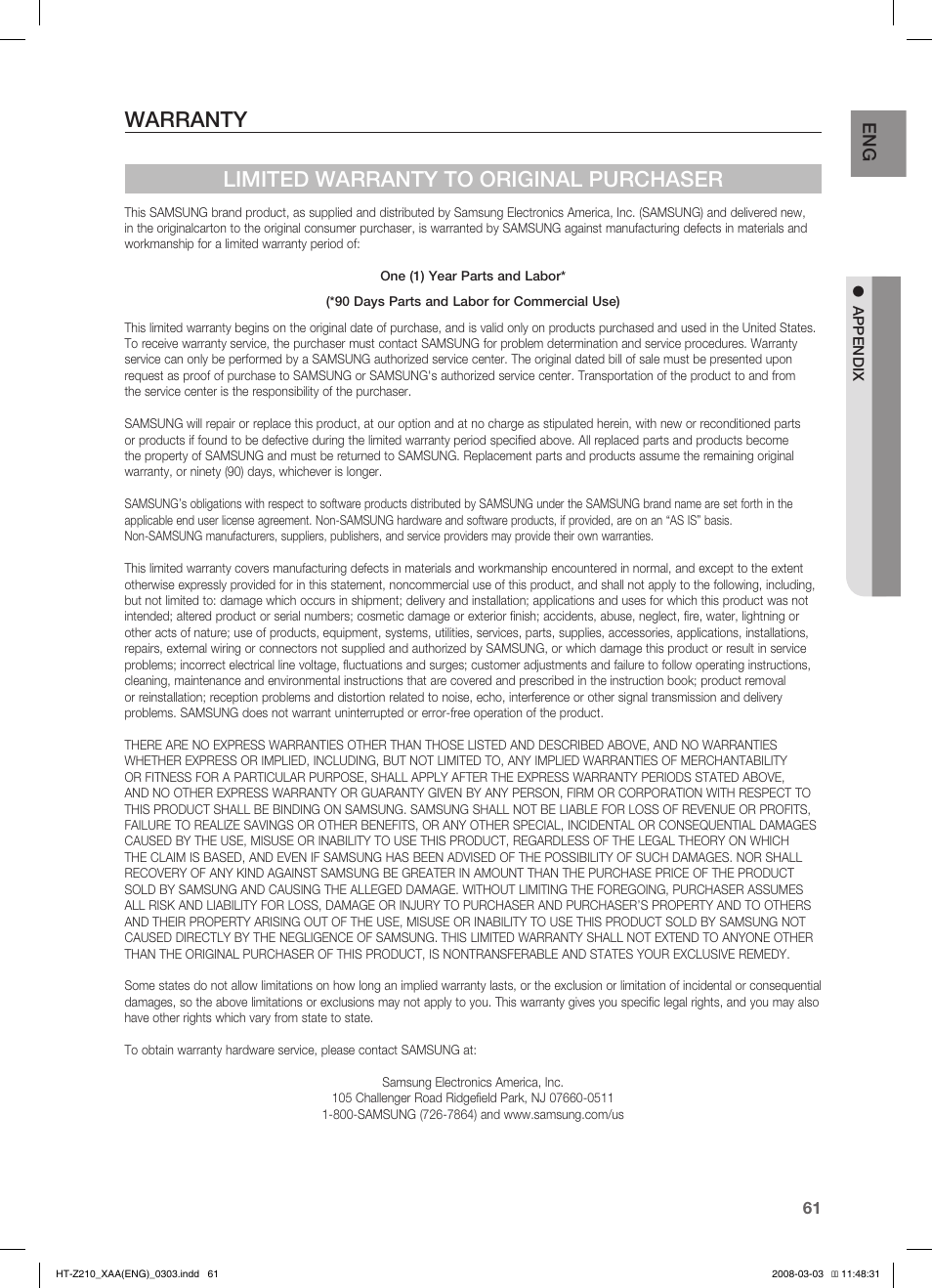 Warranty, Warranty limited warranty to original purchaser, En g | Samsung HT-Z210T-XAA User Manual | Page 62 / 63