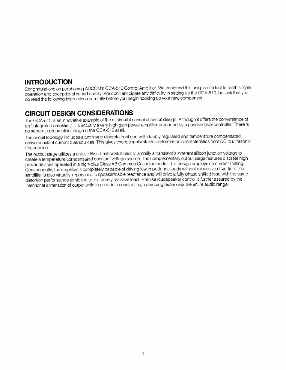 Introduction, Circuit design considerations | Adcom GCA-510 User Manual | Page 3 / 8