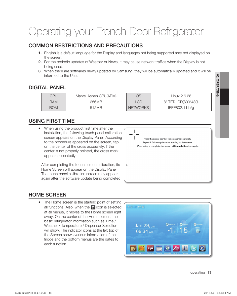 Operating your french door refrigerator, Common restrictions and precautions, Digital panel | Using first time, Home screen | Samsung RF4289HARS-XAA User Manual | Page 13 / 86