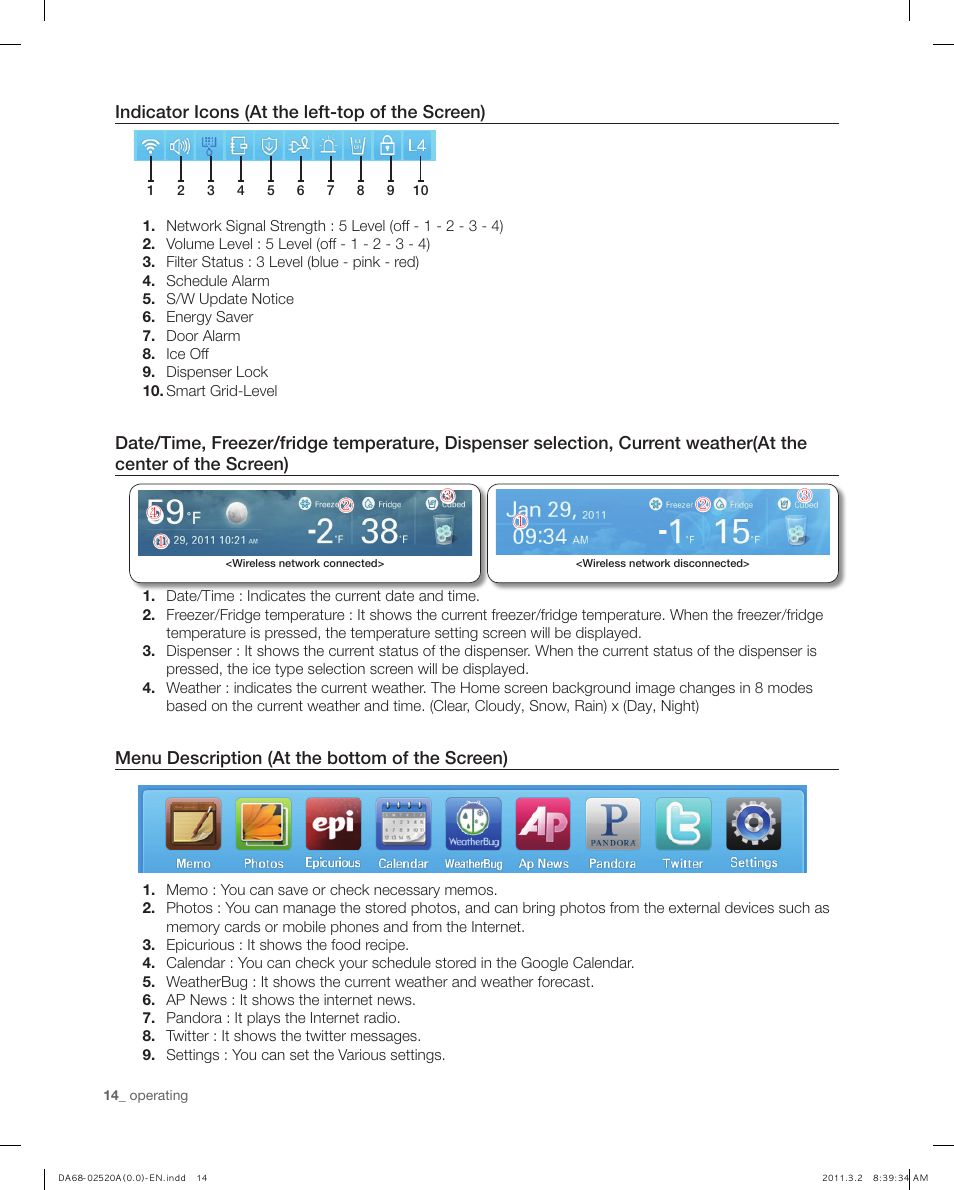 Indicator icons (at the left-top of the screen), Menu description (at the bottom of the screen) | Samsung RF4289HARS-XAA User Manual | Page 14 / 86