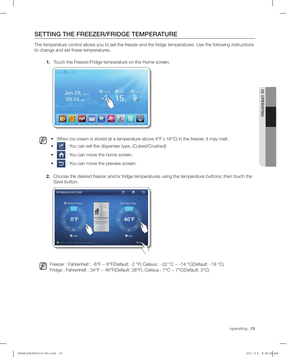 Setting the freezer/fridge temperature | Samsung RF4289HARS-XAA User Manual | Page 15 / 86