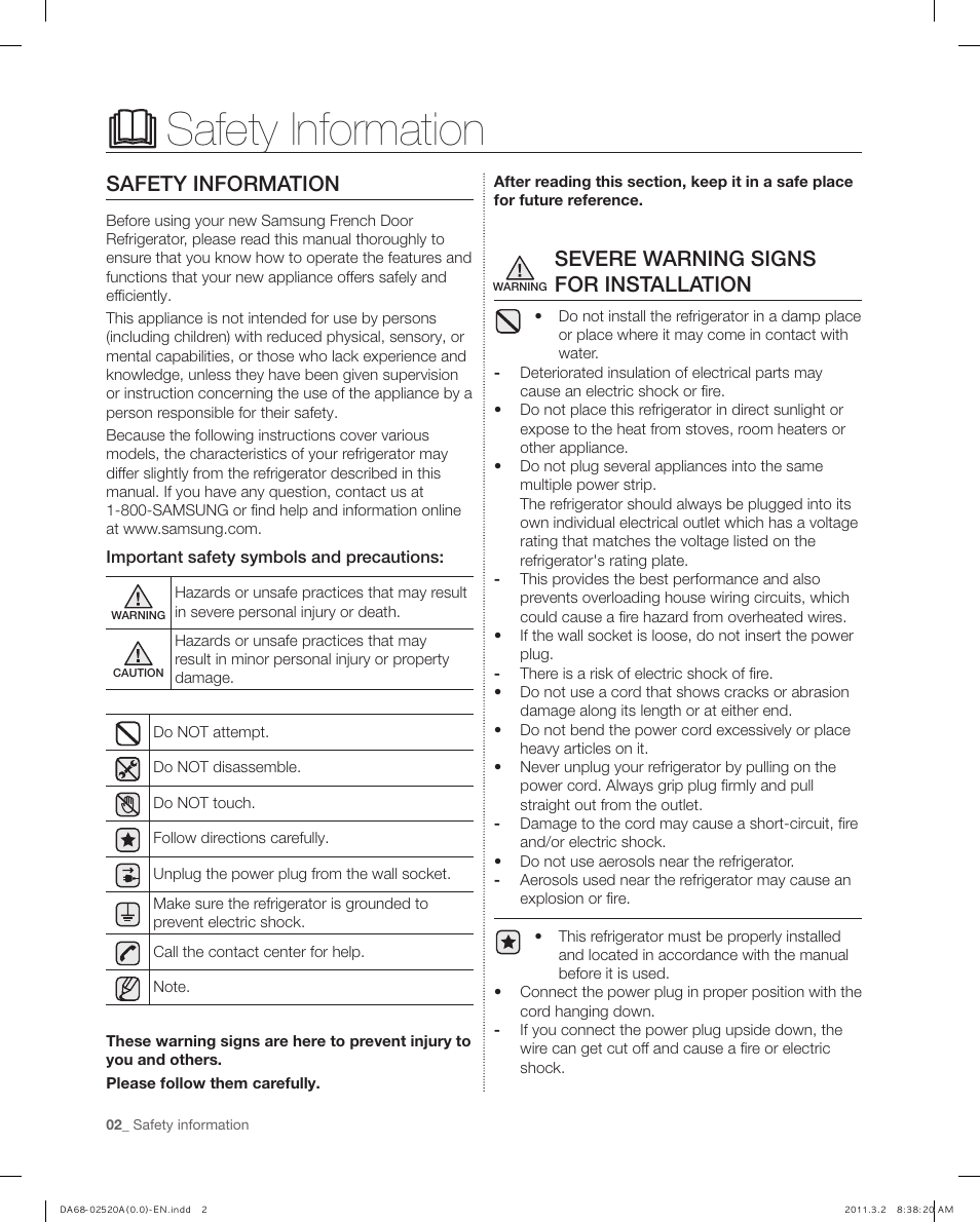 Safety information, Severe warning signs for installation | Samsung RF4289HARS-XAA User Manual | Page 2 / 86