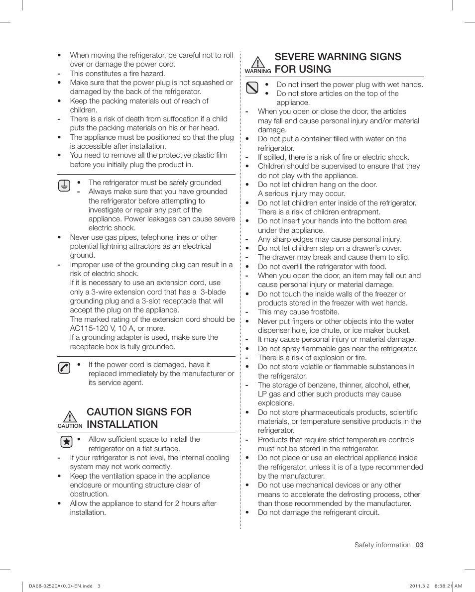 Caution signs for installation, Severe warning signs for using | Samsung RF4289HARS-XAA User Manual | Page 3 / 86