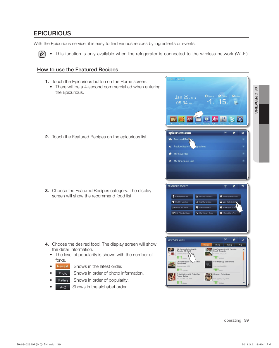 Epicurious, How to use the featured recipes | Samsung RF4289HARS-XAA User Manual | Page 39 / 86