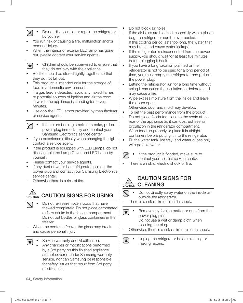 Caution signs for using, Caution signs for cleaning | Samsung RF4289HARS-XAA User Manual | Page 4 / 86
