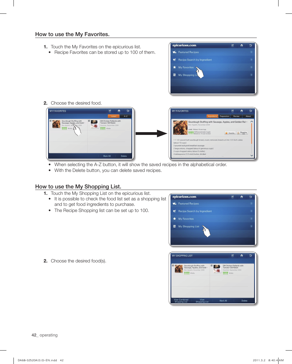 How to use the my favorites, How to use the my shopping list | Samsung RF4289HARS-XAA User Manual | Page 42 / 86