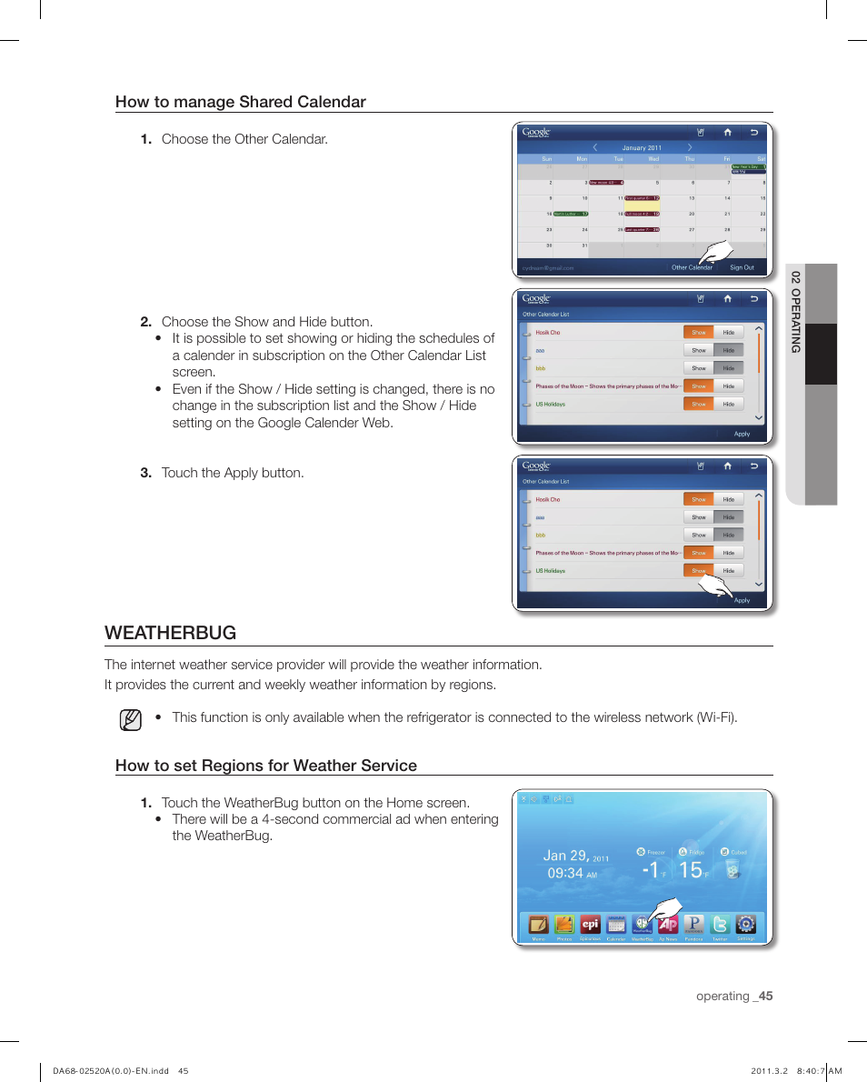 Weatherbug, How to manage shared calendar, How to set regions for weather service | Samsung RF4289HARS-XAA User Manual | Page 45 / 86