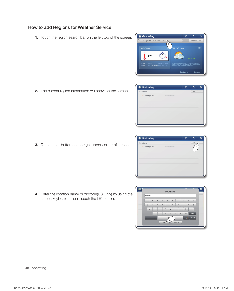 How to add regions for weather service | Samsung RF4289HARS-XAA User Manual | Page 48 / 86