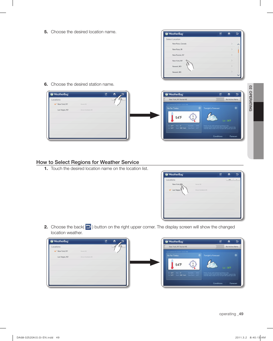 How to select regions for weather service | Samsung RF4289HARS-XAA User Manual | Page 49 / 86