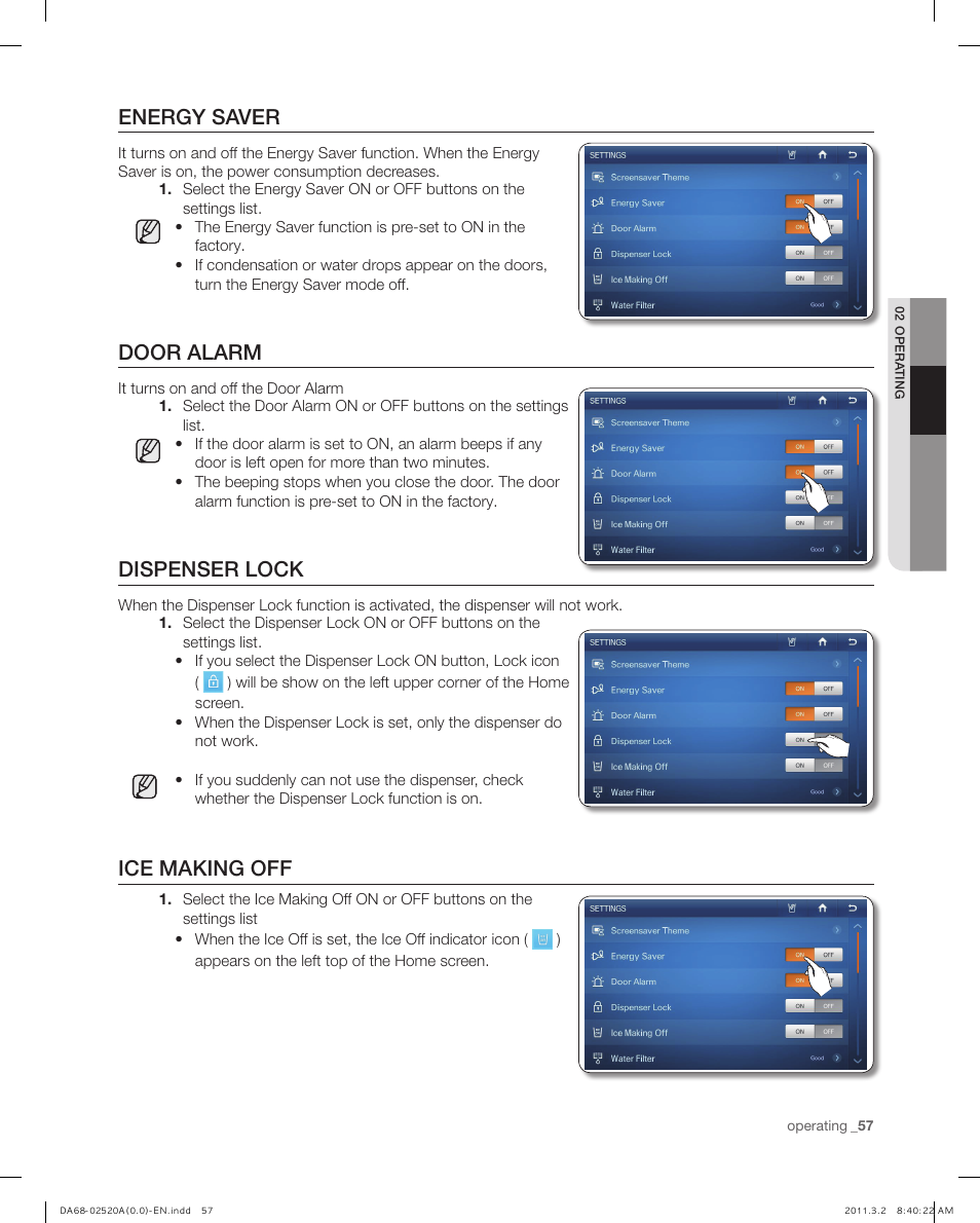 Energy saver, Door alarm, Dispenser lock | Ice making off | Samsung RF4289HARS-XAA User Manual | Page 57 / 86