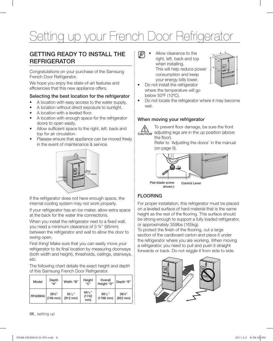 Setting up your french door refrigerator, Getting ready to install the refrigerator, Selecting the best location for the refrigerator | When moving your refrigerator, Flooring | Samsung RF4289HARS-XAA User Manual | Page 6 / 86