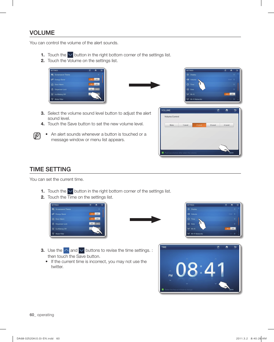 Volume, Time setting | Samsung RF4289HARS-XAA User Manual | Page 60 / 86