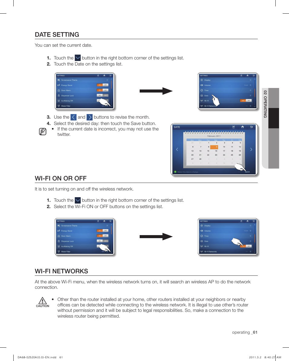 Date setting, Wi-fi on or off, Wi-fi networks | Samsung RF4289HARS-XAA User Manual | Page 61 / 86