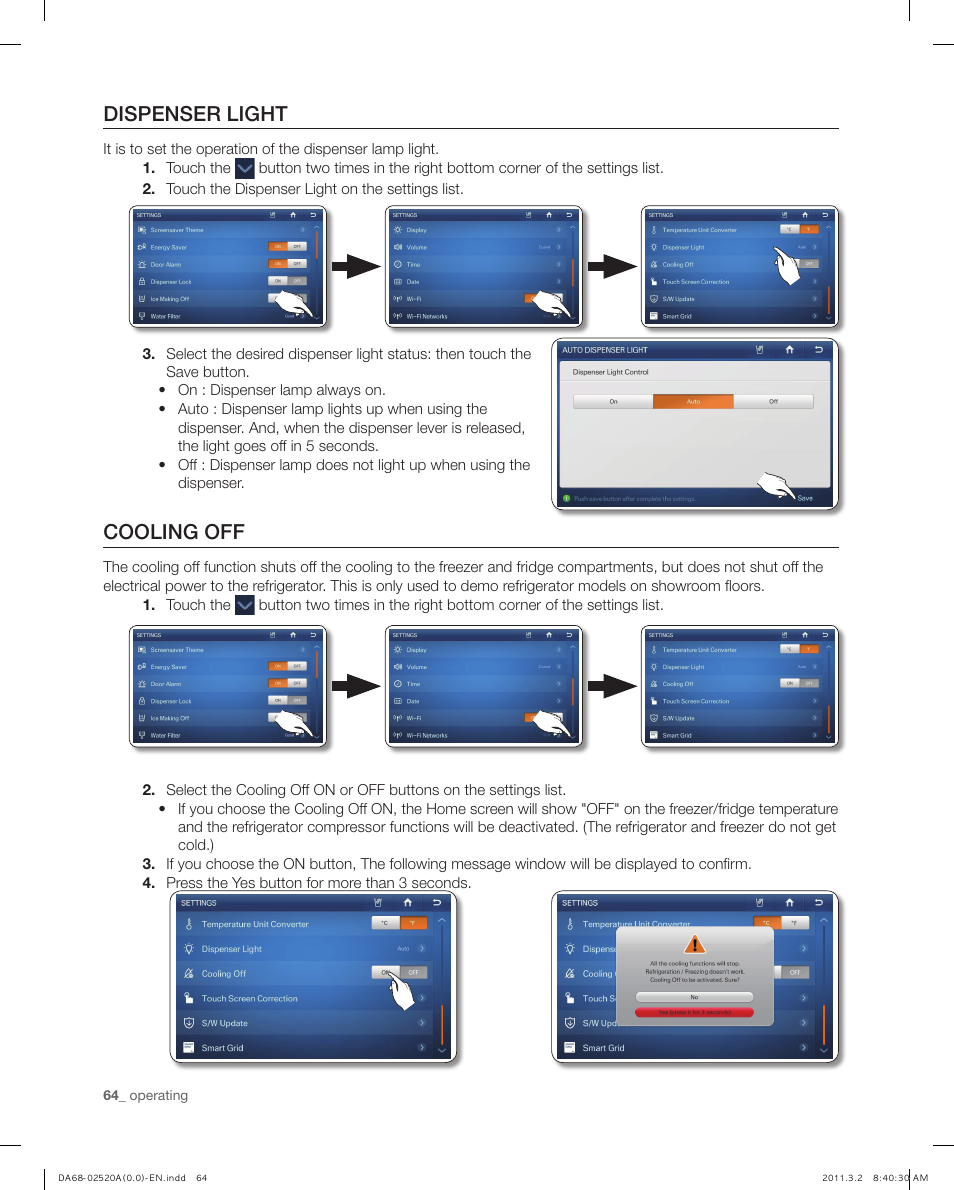 Dispenser light, Cooling off | Samsung RF4289HARS-XAA User Manual | Page 64 / 86