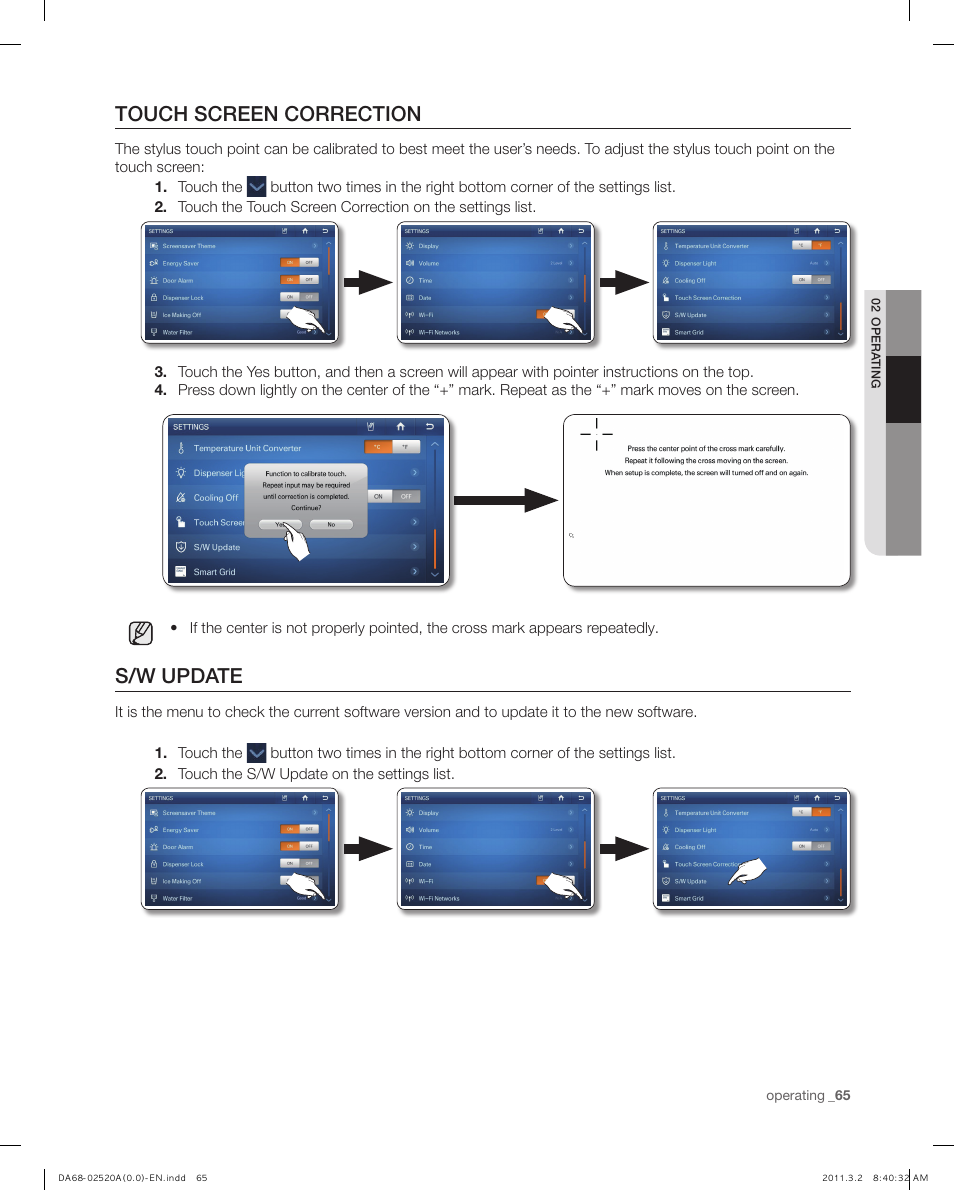 Touch screen correction, S/w update | Samsung RF4289HARS-XAA User Manual | Page 65 / 86