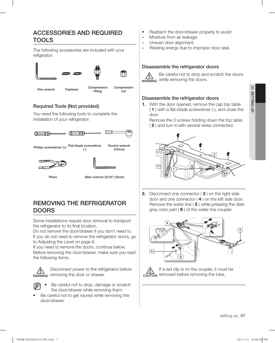 Accessories and required tools, Removing the refrigerator doors | Samsung RF4289HARS-XAA User Manual | Page 7 / 86