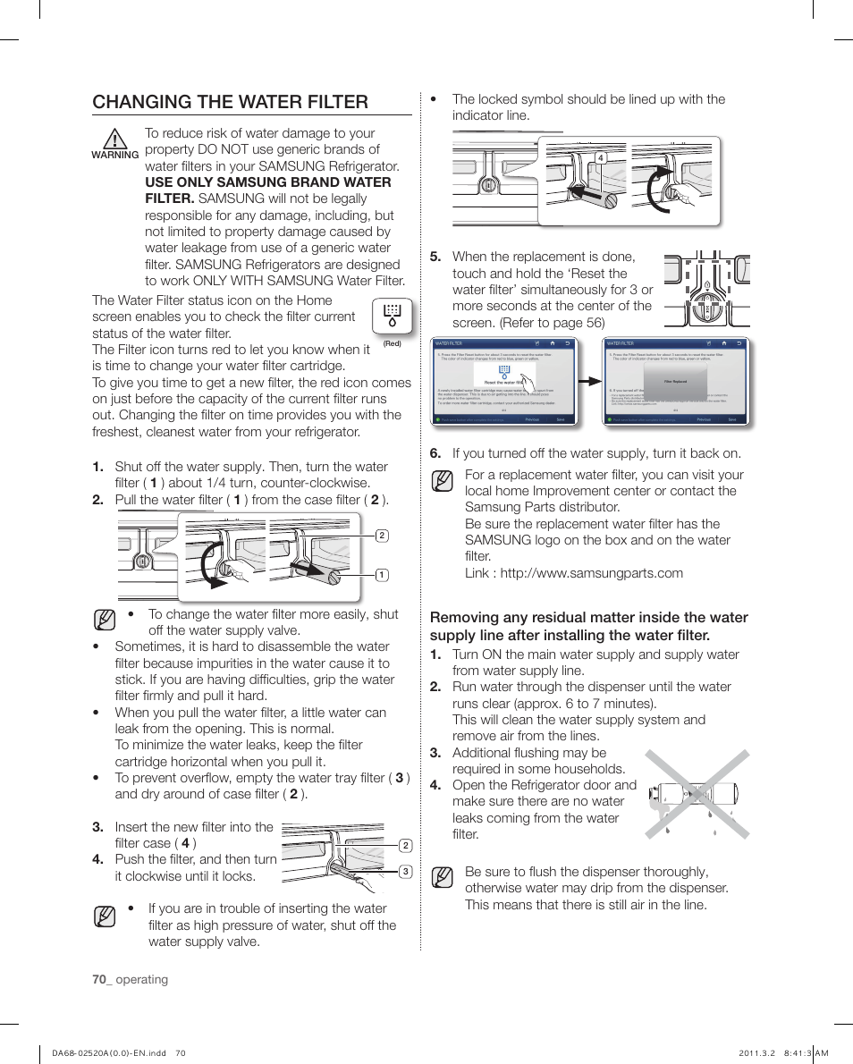 Changing the water filter | Samsung RF4289HARS-XAA User Manual | Page 70 / 86