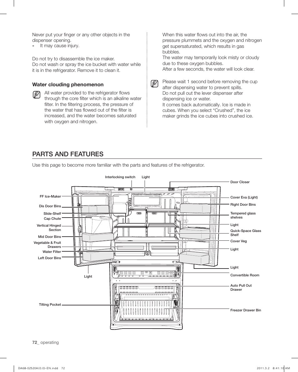 Parts and features, Water clouding phenomenon | Samsung RF4289HARS-XAA User Manual | Page 72 / 86