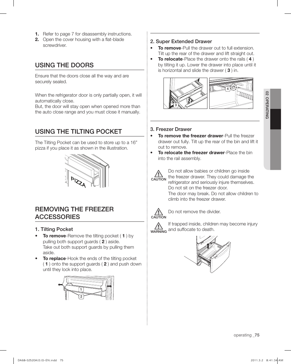Using the doors, Using the tilting pocket, Removing the freezer accessories | Samsung RF4289HARS-XAA User Manual | Page 75 / 86