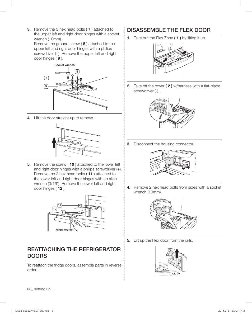 Reattaching the refrigerator doors, Disassemble the flex door | Samsung RF4289HARS-XAA User Manual | Page 8 / 86