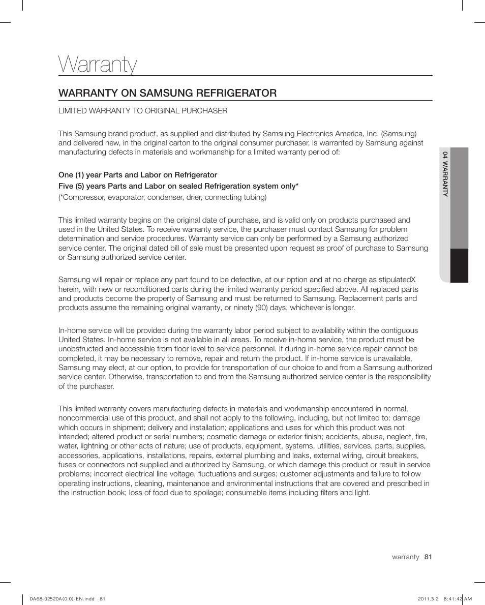 Warranty, Warranty on samsung refrigerator | Samsung RF4289HARS-XAA User Manual | Page 81 / 86