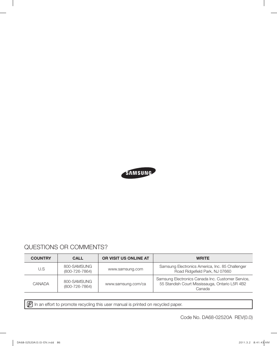 Questions or comments | Samsung RF4289HARS-XAA User Manual | Page 86 / 86