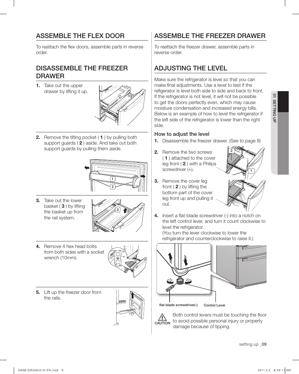 Assemble the flex door, Disassemble the freezer drawer, Assemble the freezer drawer | Adjusting the level | Samsung RF4289HARS-XAA User Manual | Page 9 / 86