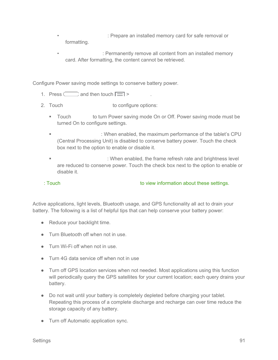 Power saving mode, Power saving tips, Power | Saving mode | Samsung SM-T217SZWASPR User Manual | Page 100 / 124