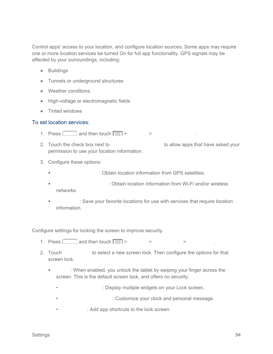 Location services, Lock screen, Settings | Screen lock | Samsung SM-T217SZWASPR User Manual | Page 103 / 124