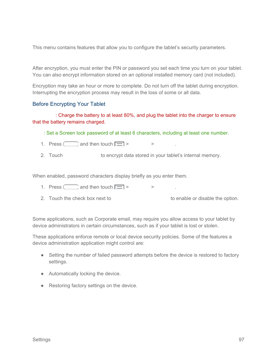 Security settings, Encryption, Make passwords visible | Device administration | Samsung SM-T217SZWASPR User Manual | Page 106 / 124