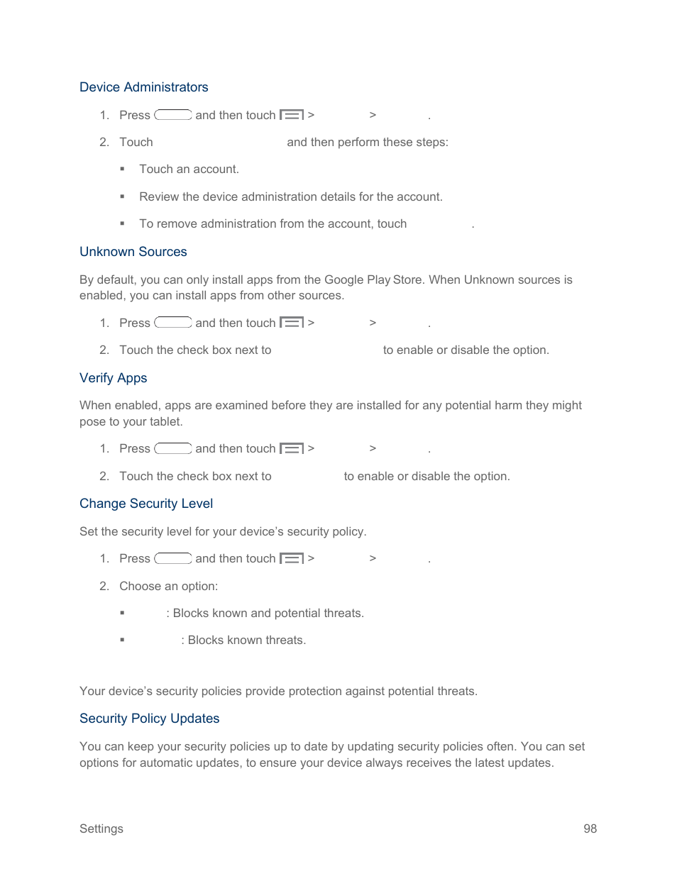 Security update service, Credential storage | Samsung SM-T217SZWASPR User Manual | Page 107 / 124