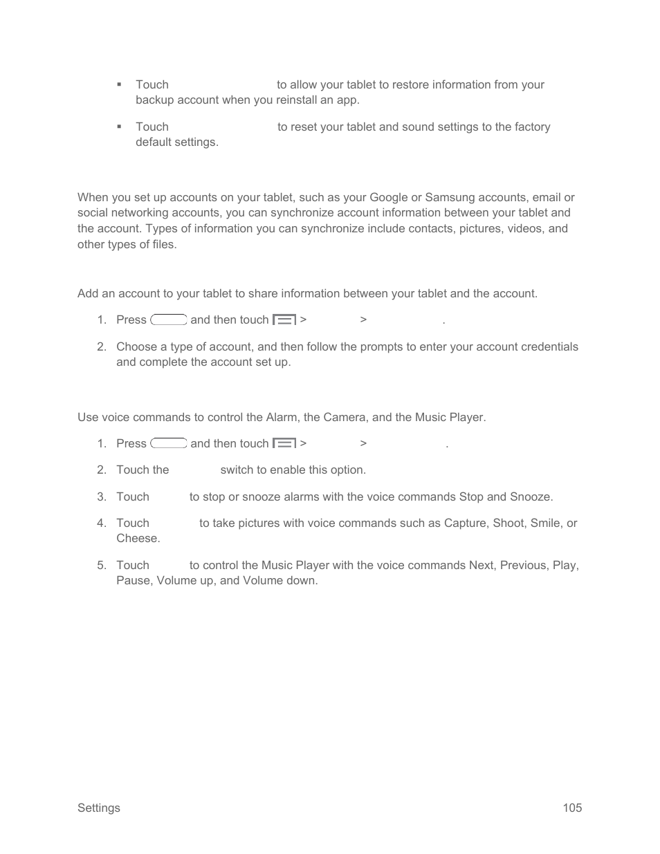 Accounts settings, Add an account, Voice control | Samsung SM-T217SZWASPR User Manual | Page 114 / 124