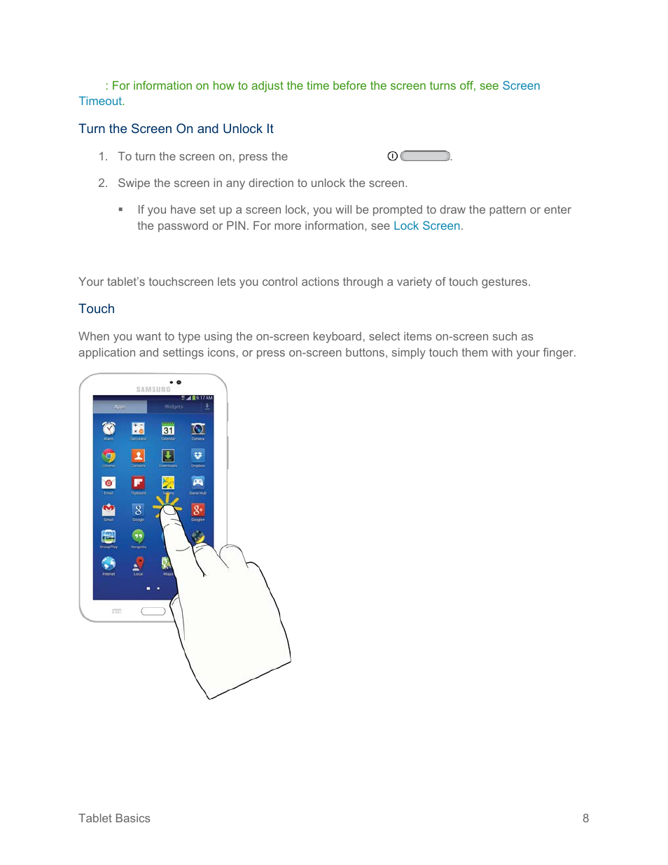 Touchscreen navigation | Samsung SM-T217SZWASPR User Manual | Page 17 / 124
