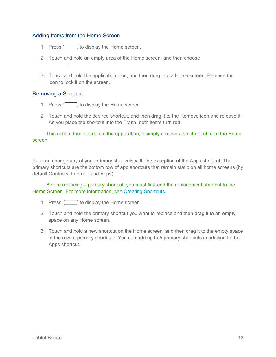 Adding and removing primary shortcuts | Samsung SM-T217SZWASPR User Manual | Page 22 / 124