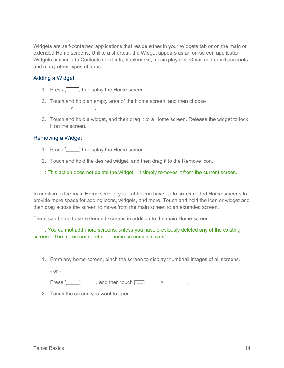 Adding and removing widgets, Extended home screens | Samsung SM-T217SZWASPR User Manual | Page 23 / 124