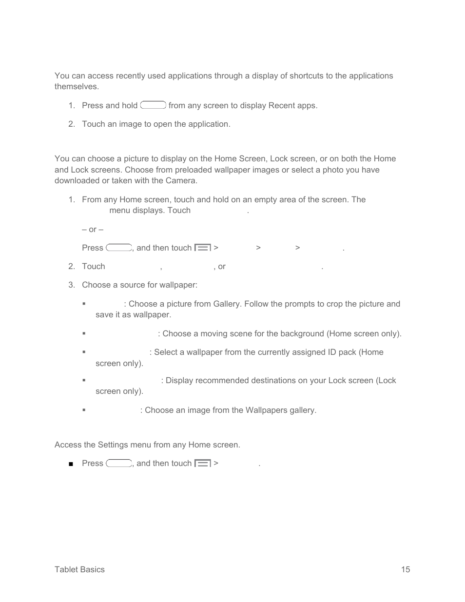 Recent apps, Wallpapers, Settings menu | Samsung SM-T217SZWASPR User Manual | Page 24 / 124