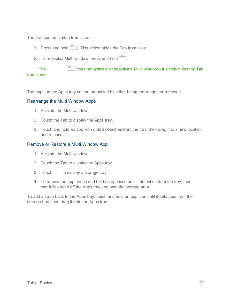 Hide multi window, Customize the apps tray | Samsung SM-T217SZWASPR User Manual | Page 31 / 124