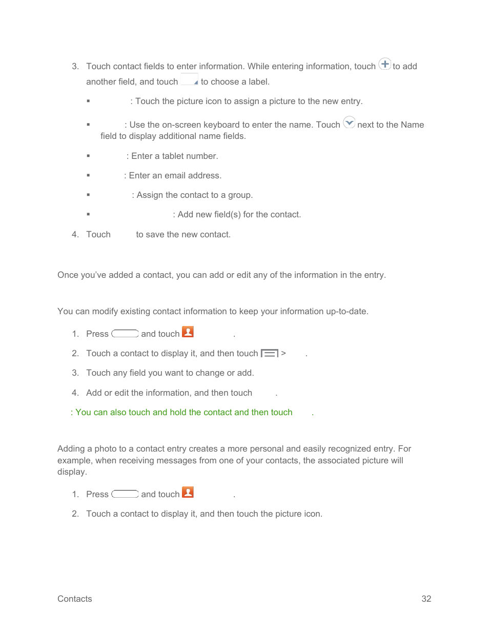 Edit a contact, Add or edit information, Assign a photo to a contact | Samsung SM-T217SZWASPR User Manual | Page 41 / 124
