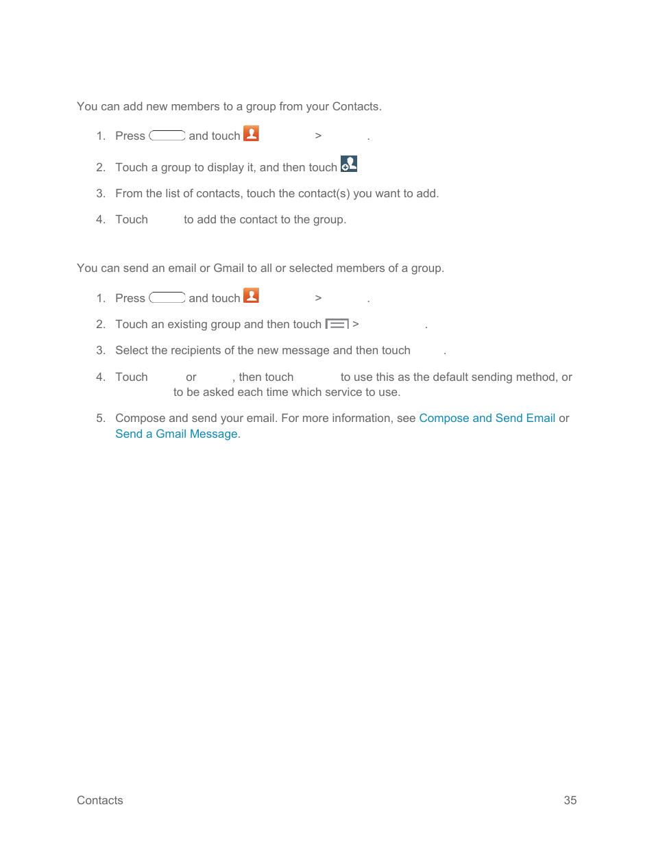 Add a contact to a group, Send an email or gmail to group members | Samsung SM-T217SZWASPR User Manual | Page 44 / 124