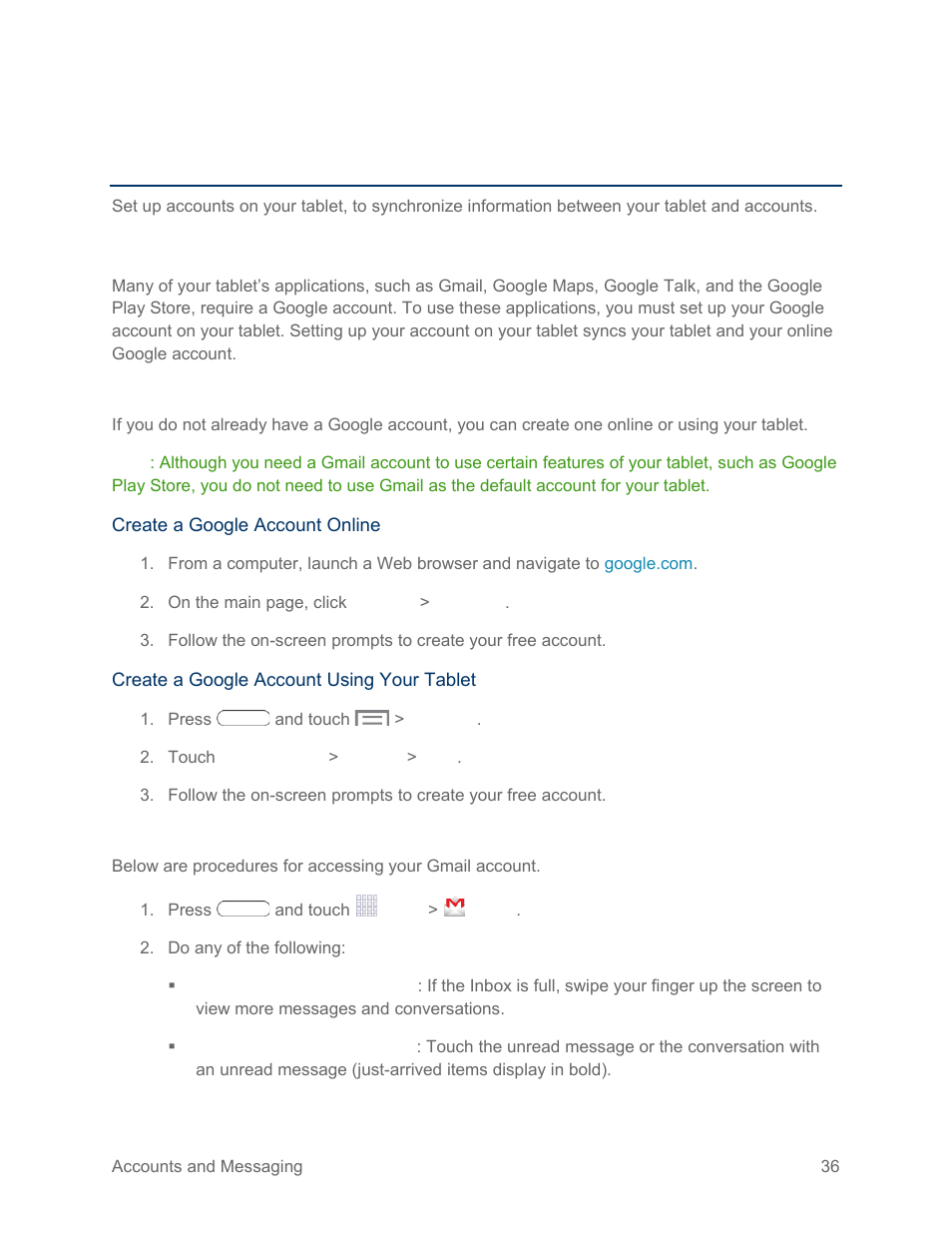 Accounts and messaging, Google, Create a google account | Access gmail | Samsung SM-T217SZWASPR User Manual | Page 45 / 124