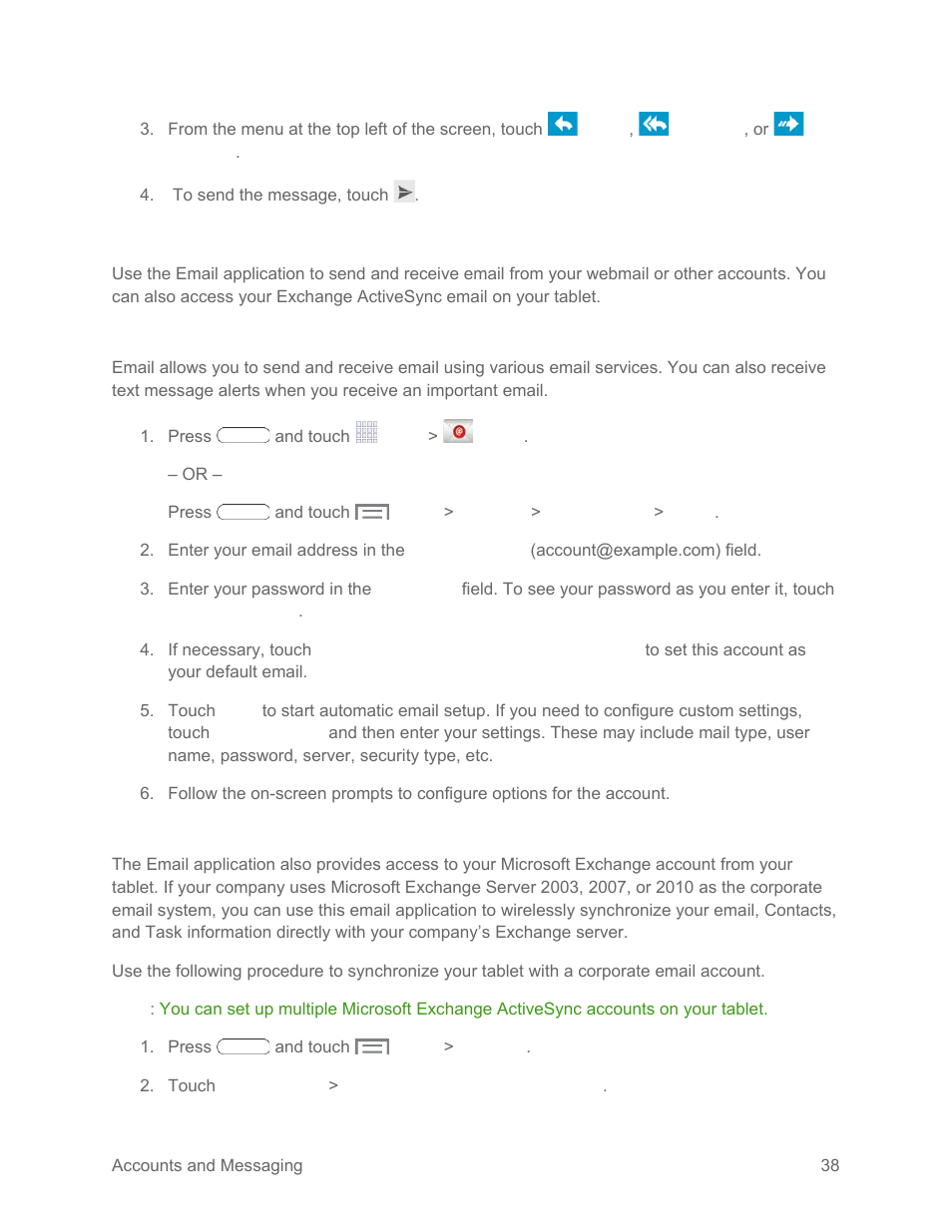 Email, Add an email account, Add a microsoft exchange activesync account | Samsung SM-T217SZWASPR User Manual | Page 47 / 124