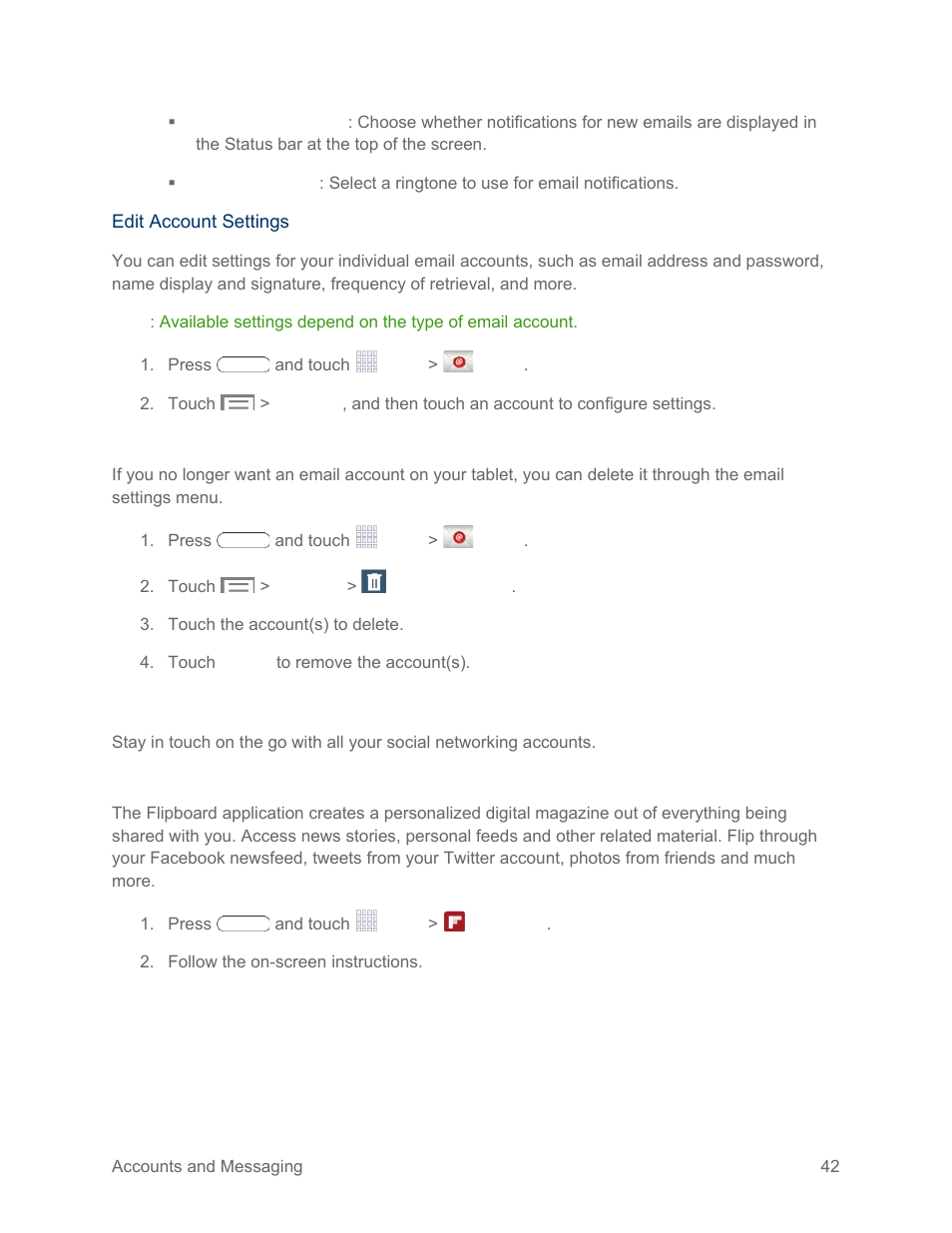 Delete an email account, Social networking accounts, Flipboard | Samsung SM-T217SZWASPR User Manual | Page 51 / 124