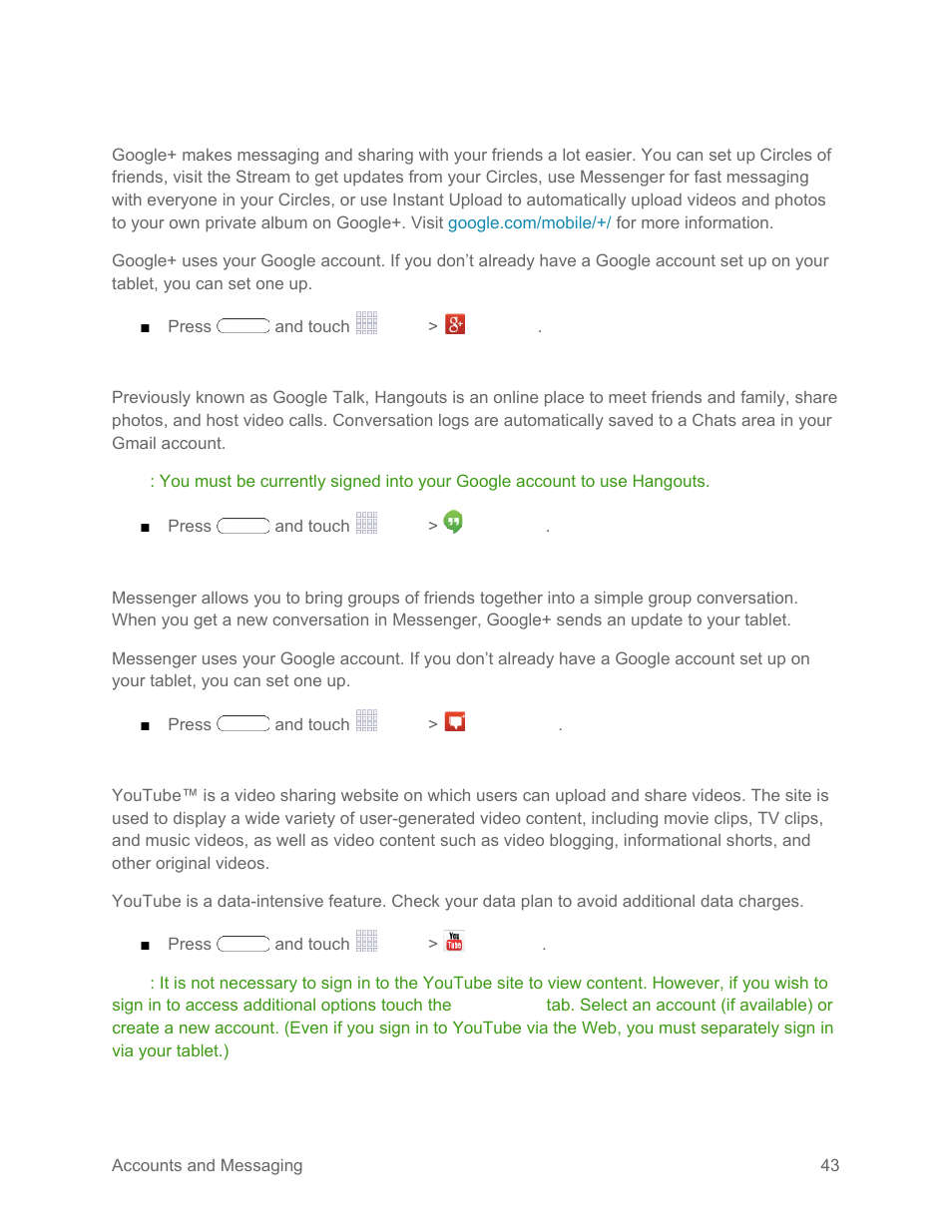 Google, Hangouts, Messenger | Youtube | Samsung SM-T217SZWASPR User Manual | Page 52 / 124