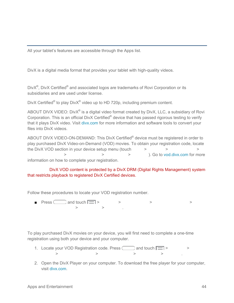 Apps and entertainment, Divx, Divx legal information | Locating your vod registration number | Samsung SM-T217SZWASPR User Manual | Page 53 / 124