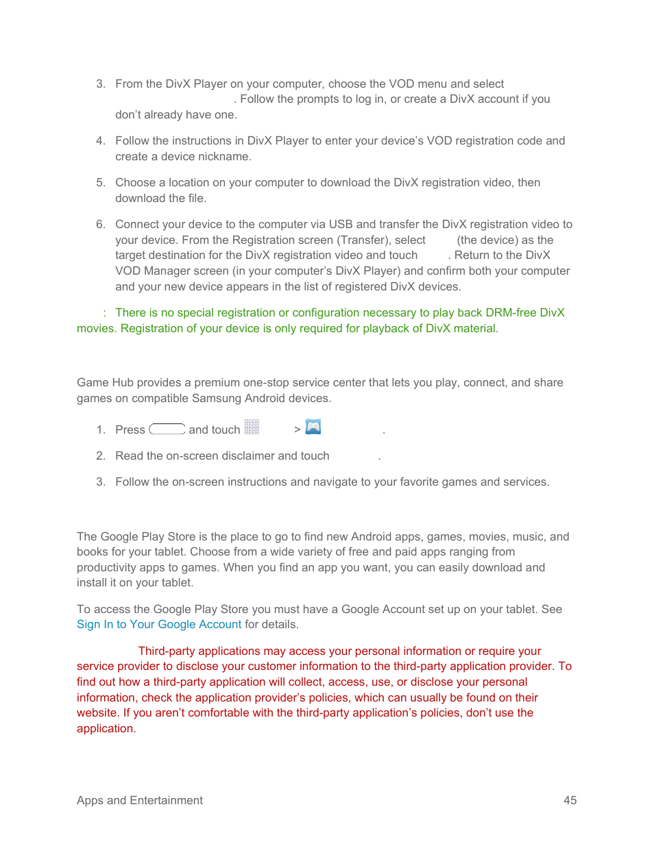 Game hub, Google play store | Samsung SM-T217SZWASPR User Manual | Page 54 / 124
